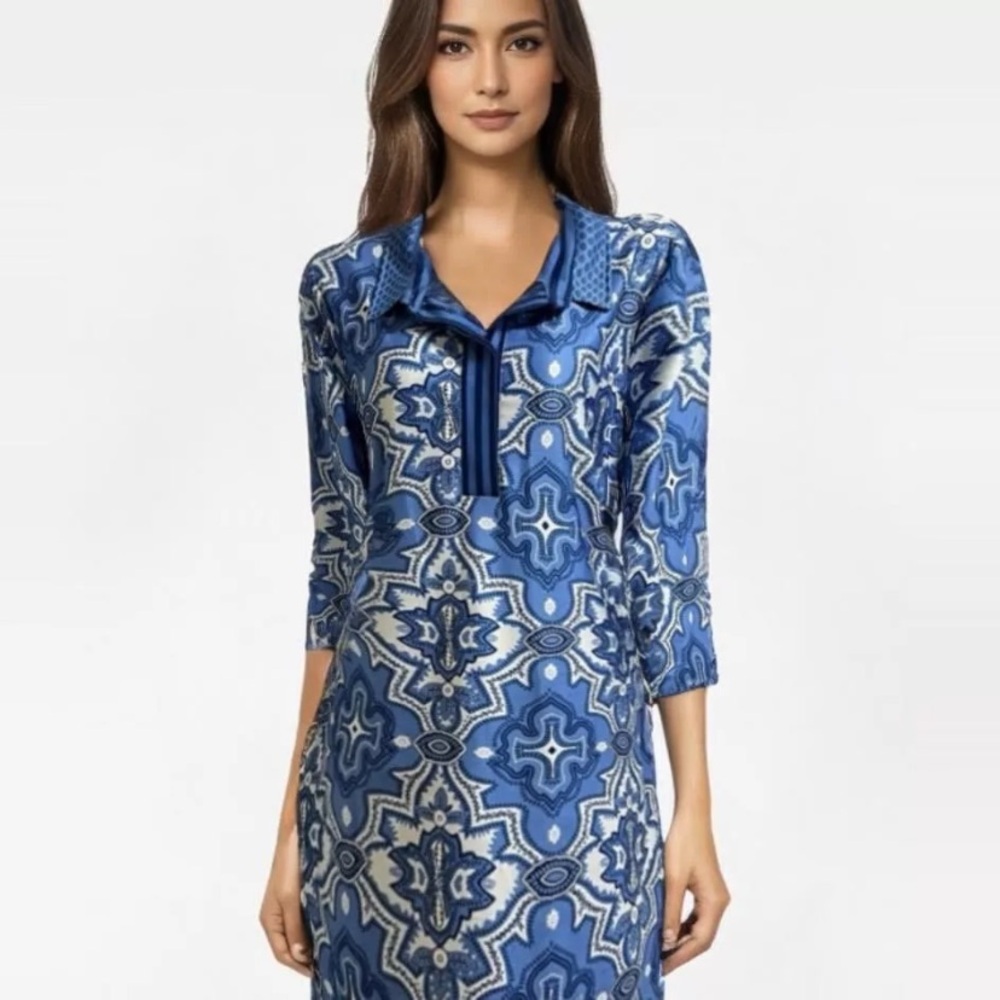 Gretchen Scott Everywhere Laugh More Dress 3/4 Sleeves Blue White Boho Size S